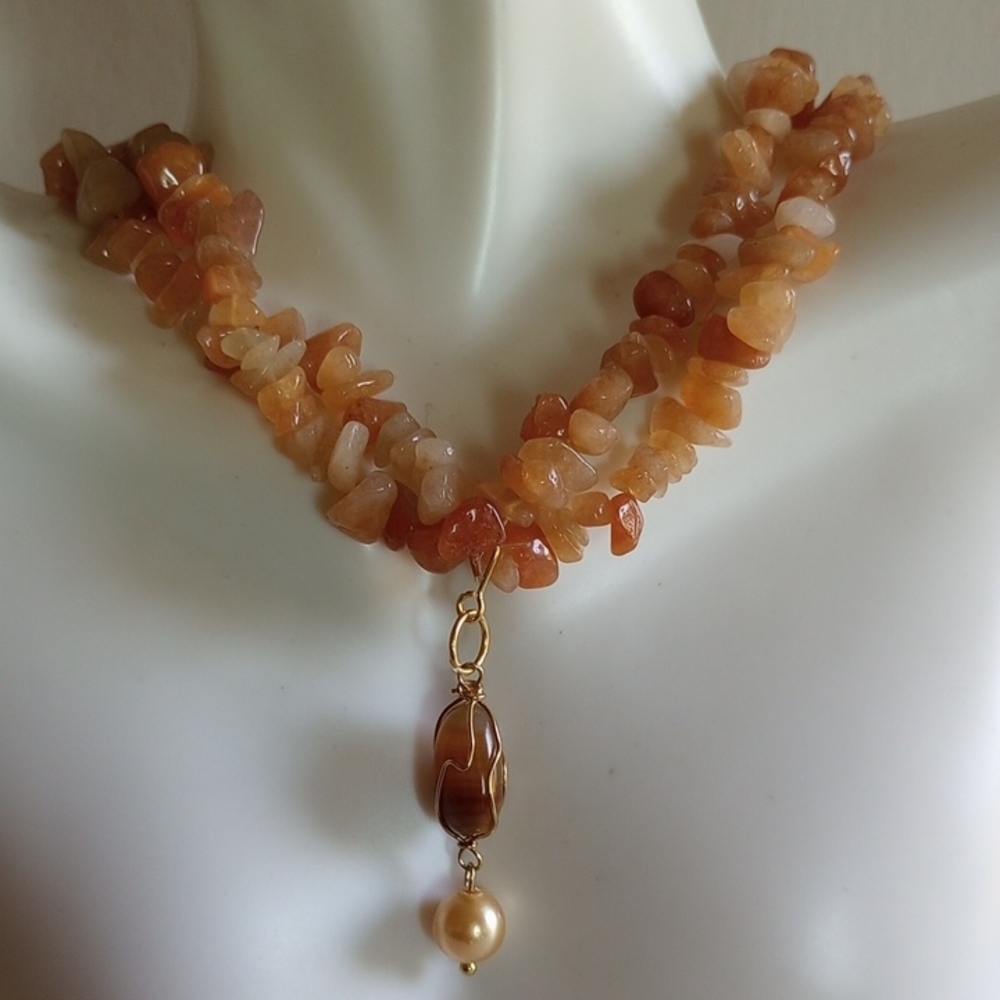 VINTAGE CARNELIAN AGATE TWO STRANDS PEARL PENDANT NECKLACE 17" LONG